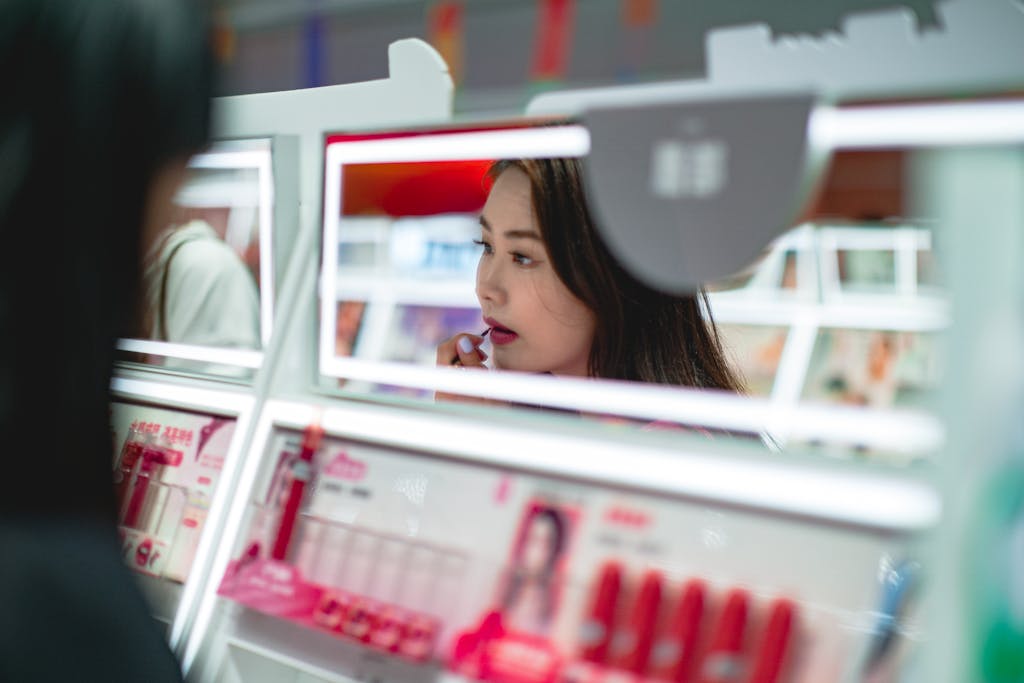 Asian woman applying lipstick while looking in a mirror at a Tokyo store.