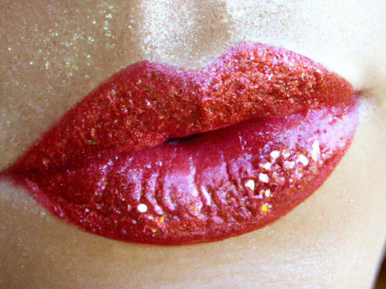 A striking close-up of glossy red lips adorned with glitter, showcasing vibrant makeup artistry.