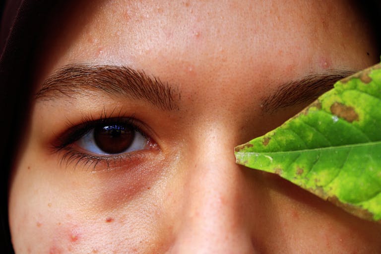 Detailed eye close-up with leaf, showcasing natural beauty.