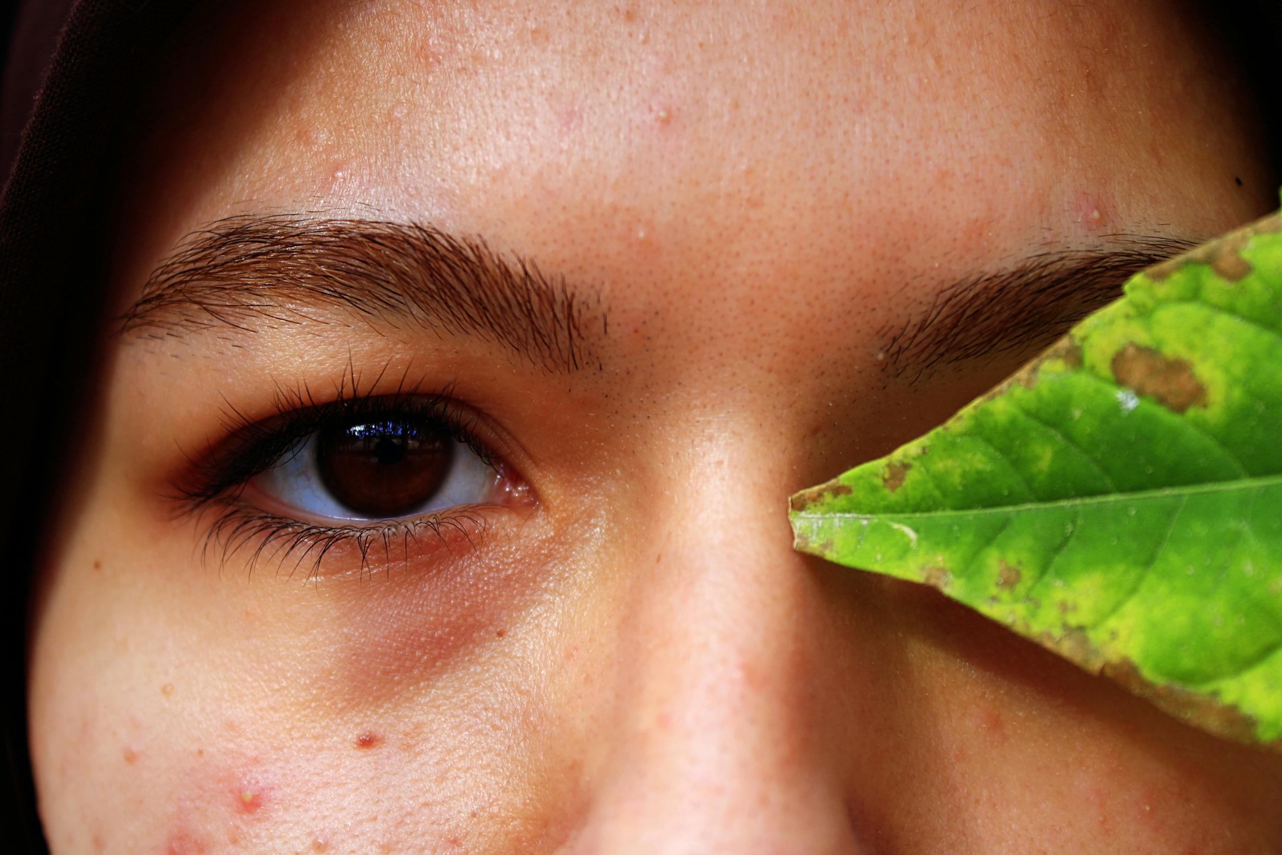 Detailed eye close-up with leaf, showcasing natural beauty.